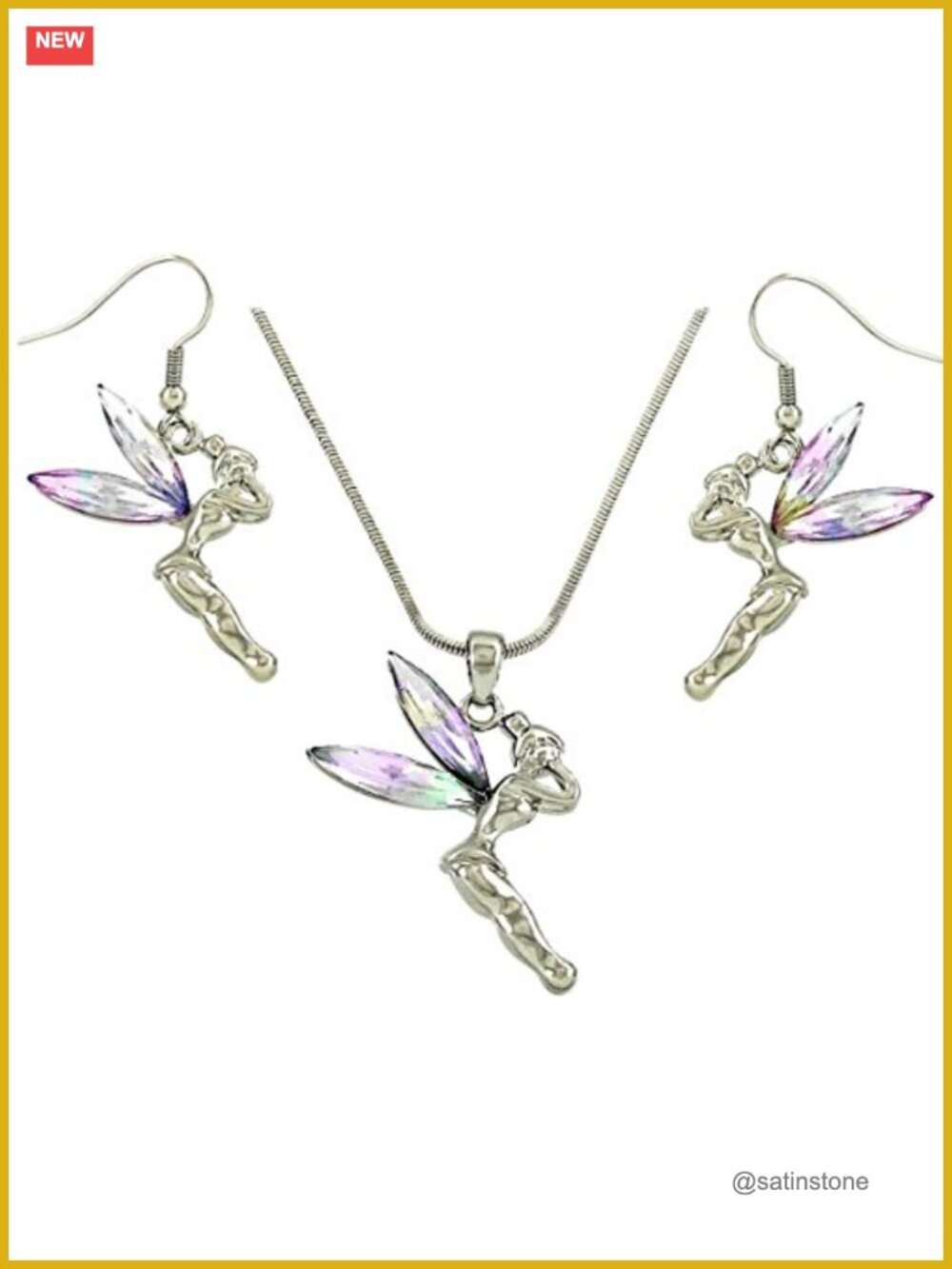 Fairy Pendant Necklace Earrings Set AB Crystal Wings Rhodium Plated